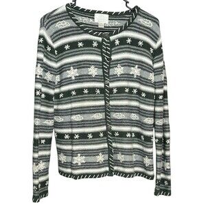 VTG Snowflake Winter Knit Button Fall Holiday Green Cardigan Hand Embroidered Sm